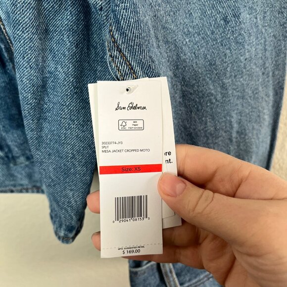 Sam Edelman Mesa High-Pile Fleece Collar Zip-Up Crop Denim Moto Jacket XS - Picture 3 of 11